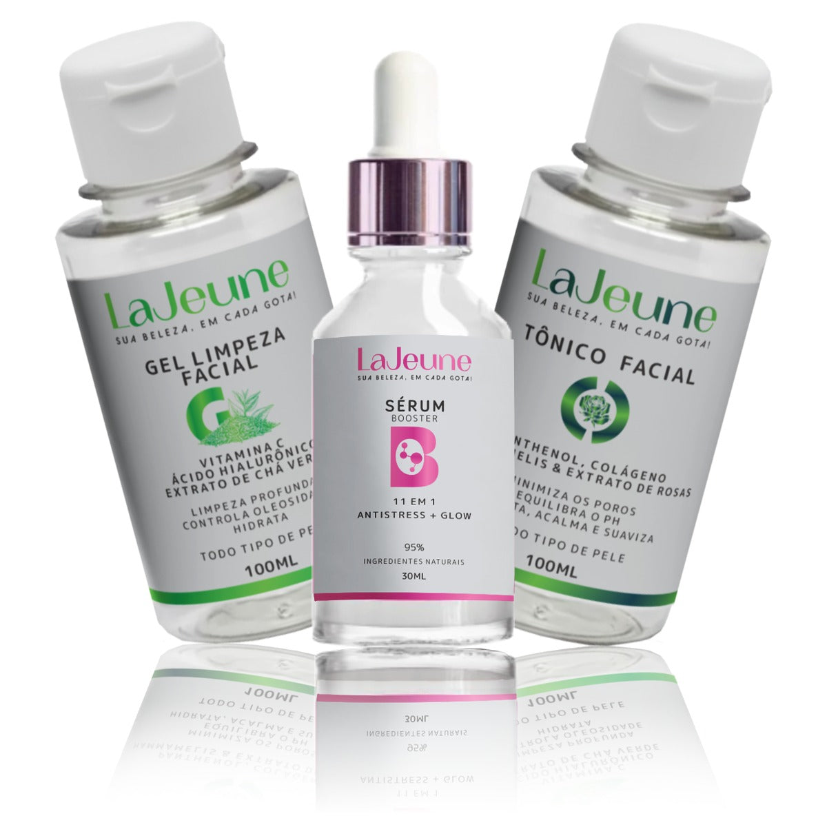 Kit Skincare Glow Imediato LaJeune – Sérum 11 em 1, Gel, Tônico, Faixa e Nécessaire para Lifting Diário