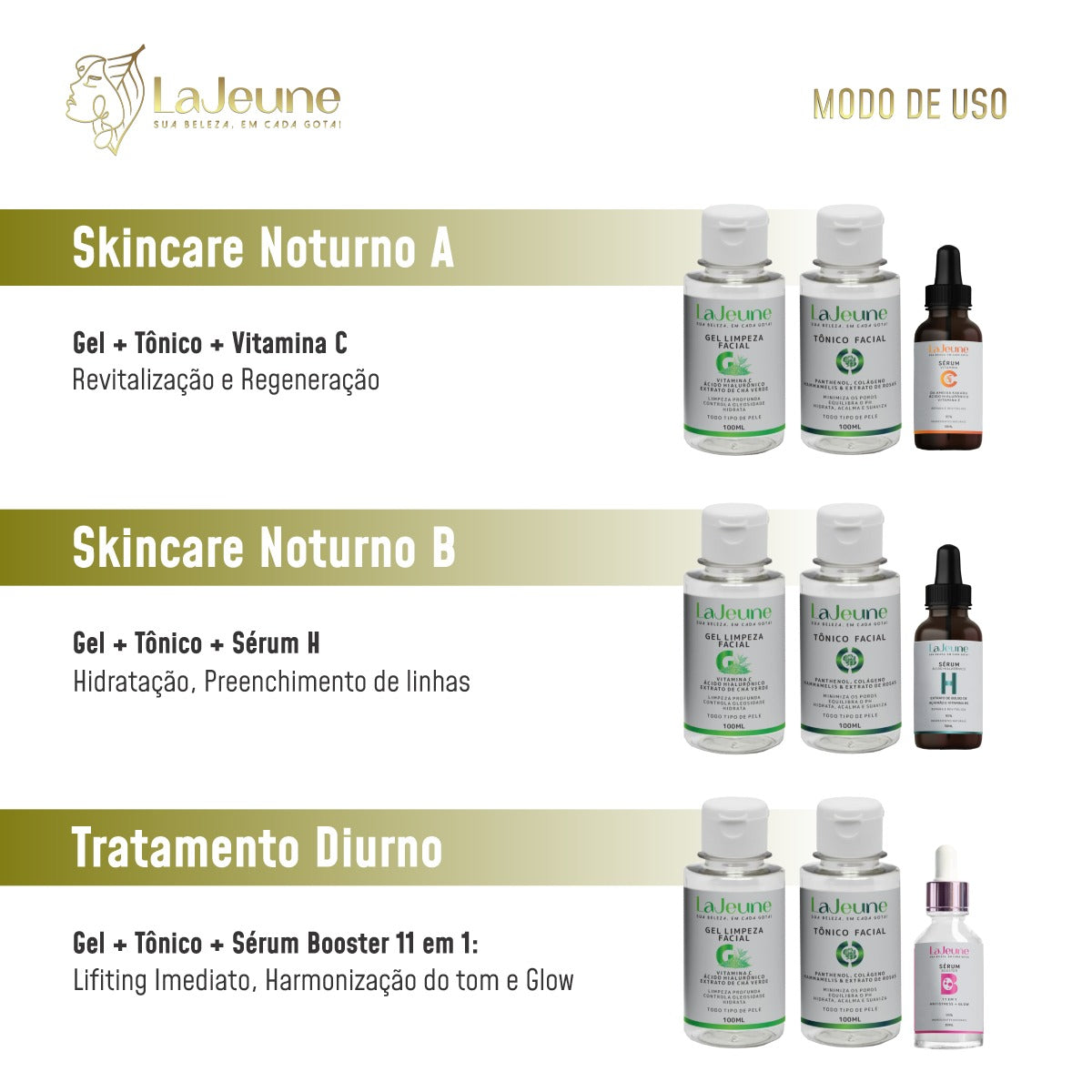 Kit Skincare LaJeune Essência Radiante com Vitamina C, Ácido Hialurônico, Sérum 11 em 1, Gel e Tônico