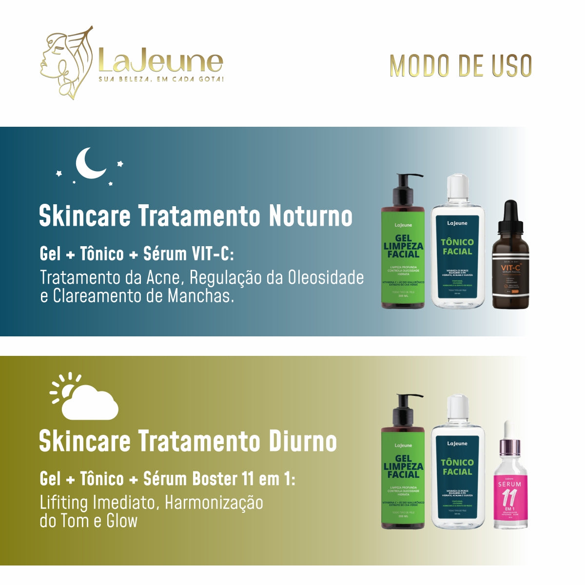Kit Skincare LaJeune com Vitamina C, Sérum 11 em 1, Gel de Limpeza e Tônico Facial – 4 Passos Essenciais