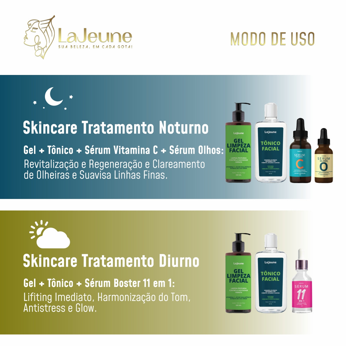Kit Skincare LaJeune com Sérum Olhos, Vitamina C, Gel de Limpeza, Tônico e Sérum 11 em 1 – Rotina para o Dia e para a Noite