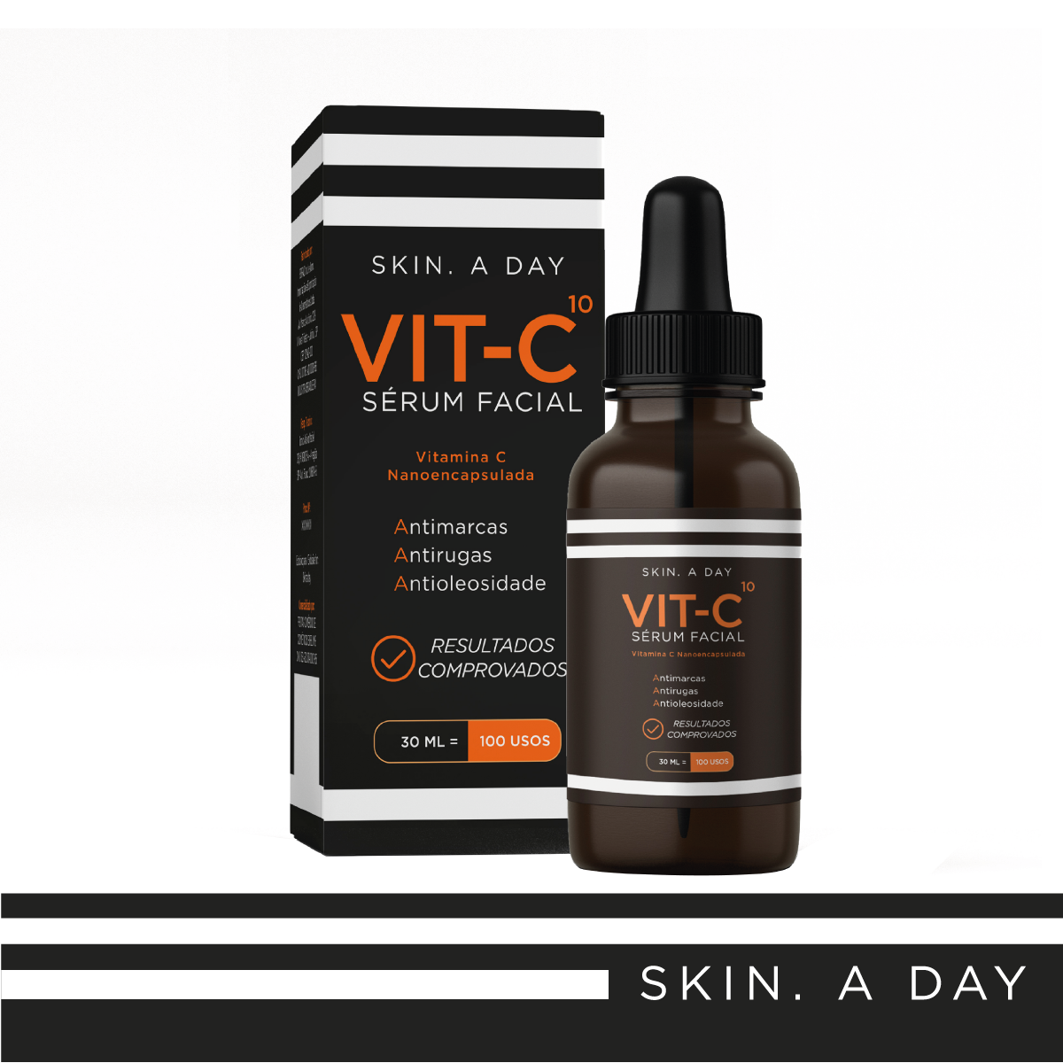 Kit Skincare Facial Skin.A Day – Sérum Clareador Vitamina C 10% Nanoencapsulada, Ácido Hialurônico e Rosa Mosqueta + Gel de Limpeza + Tônico – Luminosidade, Firmeza, Hidratação e Tom Uniforme