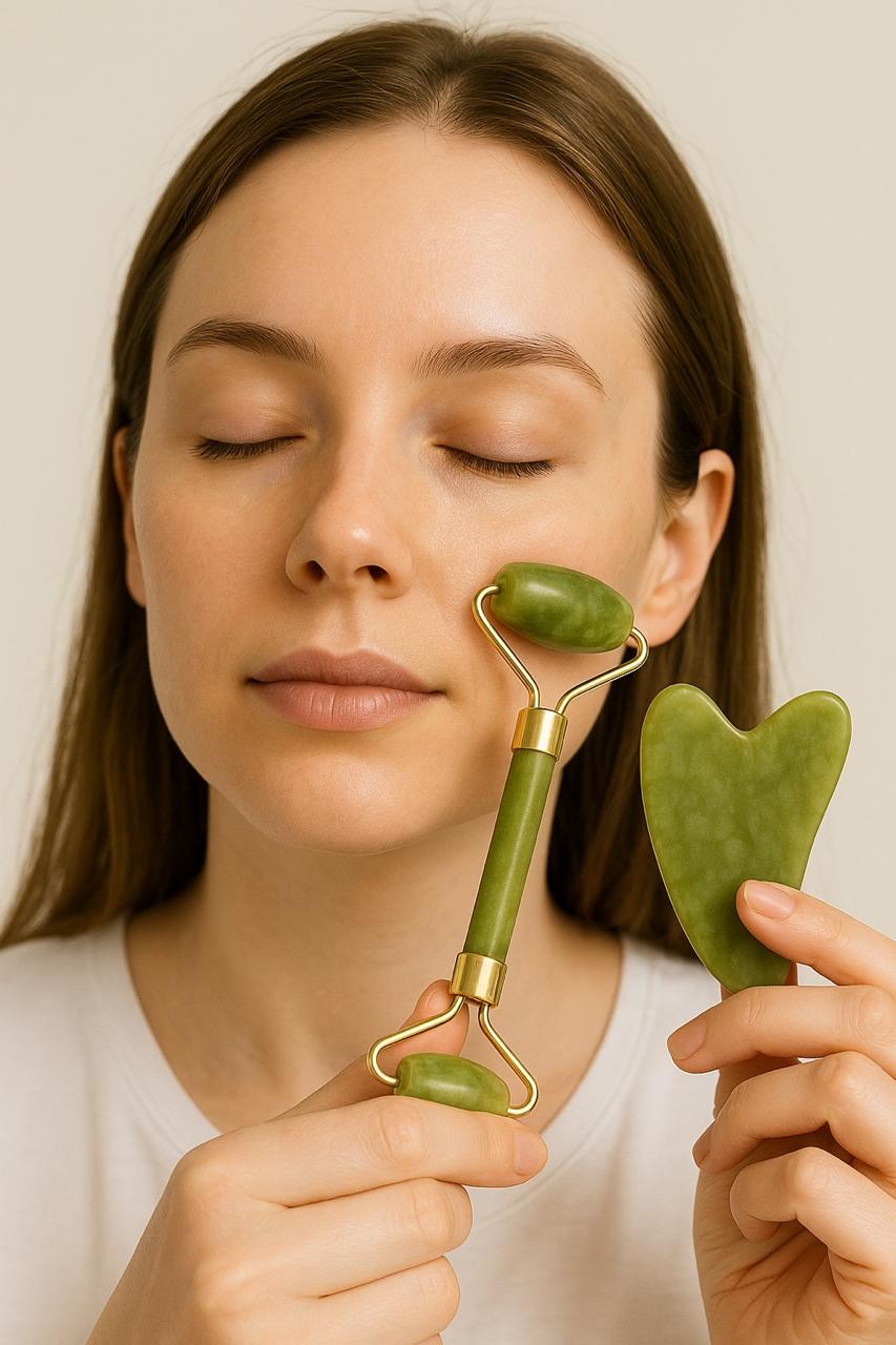 Kit Massageador Facial Jade Roller + Gua Sha – Pedra Natural para Anti-Rugas e Lifting