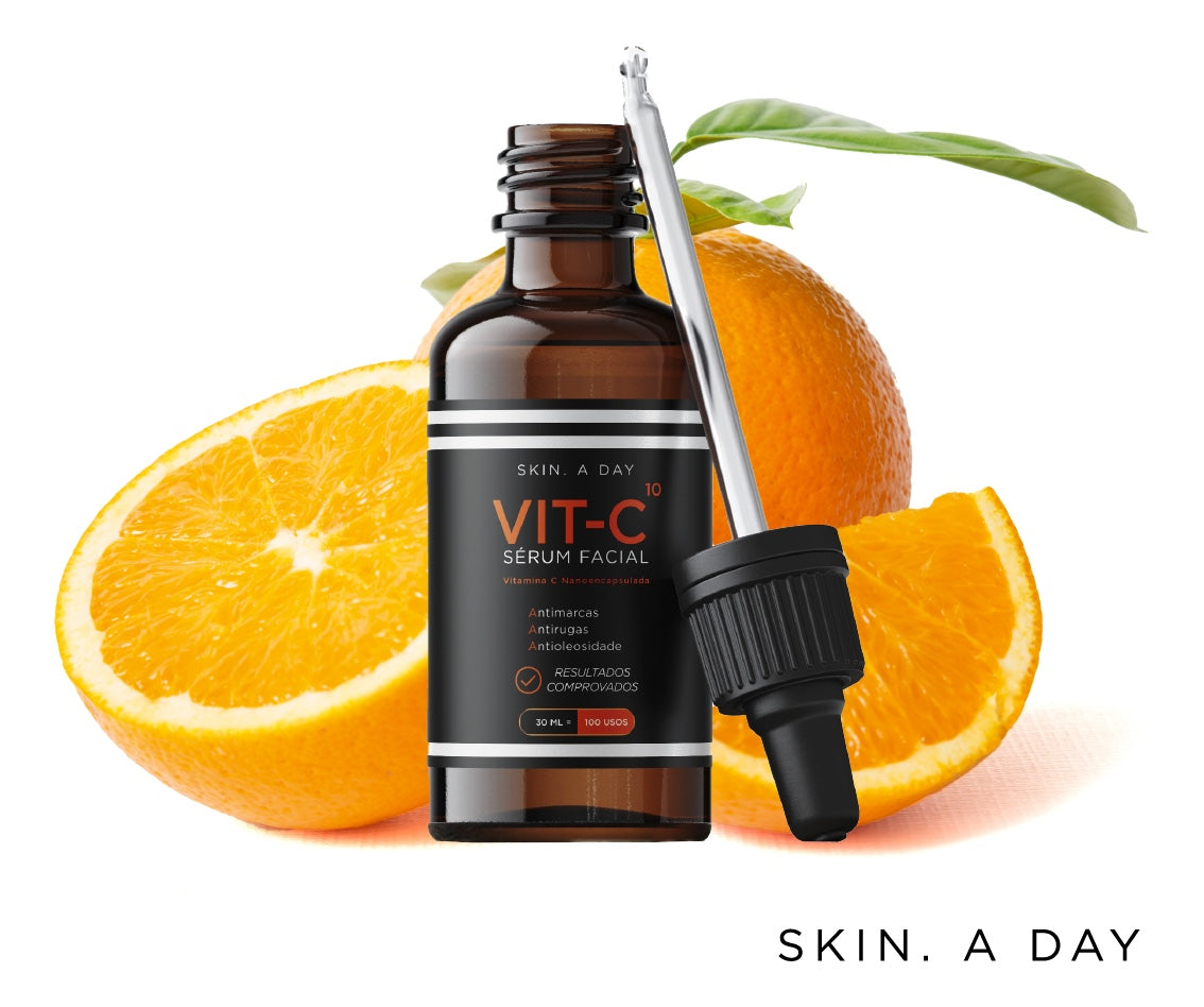 Kit Skincare Facial Skin.A Day – Sérum Clareador Vitamina C 10% Nanoencapsulada, Ácido Hialurônico e Rosa Mosqueta + Gel de Limpeza + Tônico – Luminosidade, Firmeza, Hidratação e Tom Uniforme