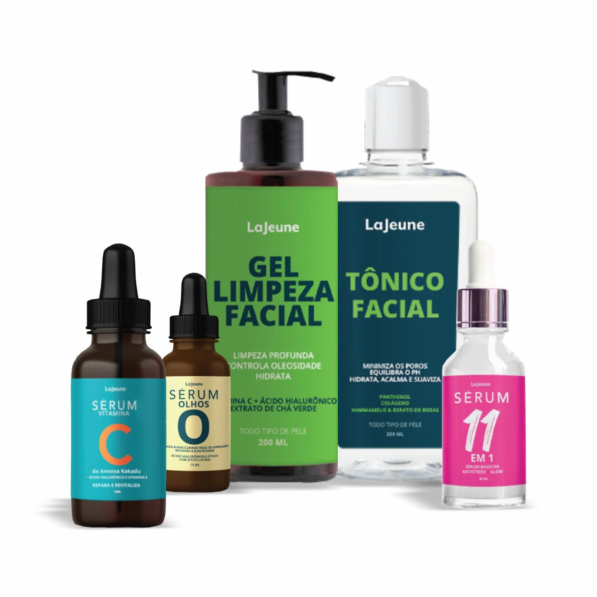 Kit Skincare LaJeune com Sérum Olhos, Vitamina C, Gel de Limpeza, Tônico e Sérum 11 em 1 – Rotina para o Dia e para a Noite