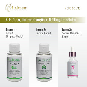 Kit Skincare Glow Imediato LaJeune – Sérum 11 em 1, Gel, Tônico, Faixa e Nécessaire para Lifting Diário