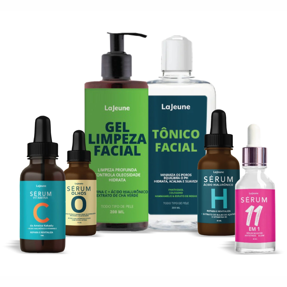 Kit Completo Skincare LaJeune 360° com 6 Produtos – Séruns C, H, Olhos, 11 em 1, Gel de Limpeza e Tônico Facial