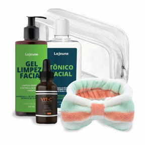 Kit Skincare com Acessórios LaJeune – Gel, Tônico, Sérum Skin.A Day, Faixa e Nécessaire Transparente