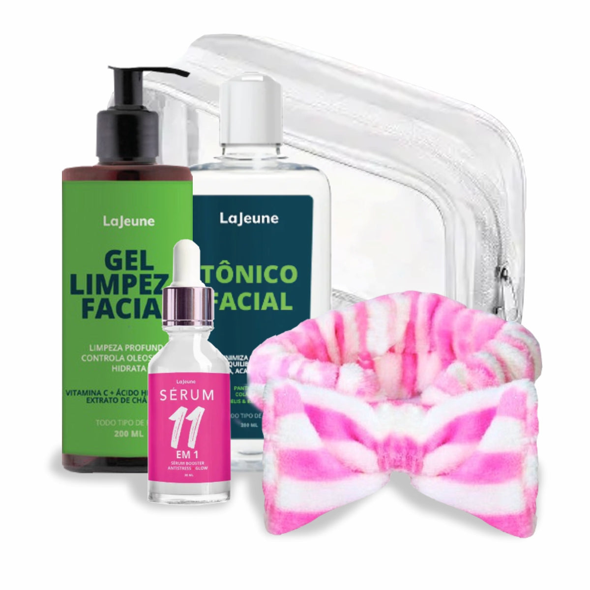 Kit Skincare Glow Imediato LaJeune – Sérum 11 em 1, Gel, Tônico, Faixa e Nécessaire para Lifting Diário