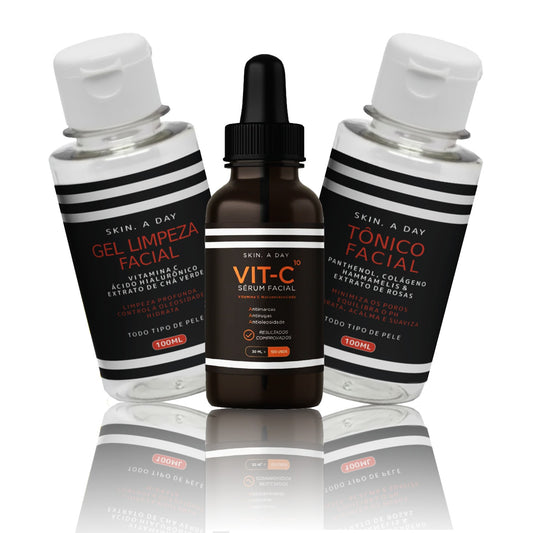 Kit Skincare Facial Skin.A Day – Sérum Clareador Vitamina C 10% Nanoencapsulada, Ácido Hialurônico e Rosa Mosqueta + Gel de Limpeza + Tônico – Luminosidade, Firmeza, Hidratação e Tom Uniforme