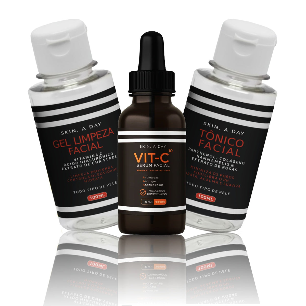 Kit Skincare Facial Skin.A Day – Sérum Clareador Vitamina C 10% Nanoencapsulada, Ácido Hialurônico e Rosa Mosqueta + Gel de Limpeza + Tônico – Luminosidade, Firmeza, Hidratação e Tom Uniforme