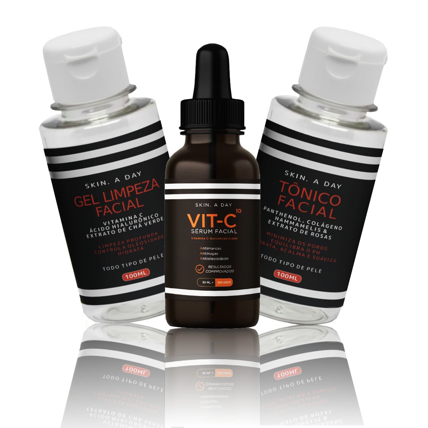 Kit Skincare Facial Skin.A Day – Sérum Clareador Vitamina C 10% Nanoencapsulada, Ácido Hialurônico e Rosa Mosqueta + Gel de Limpeza + Tônico – Luminosidade, Firmeza, Hidratação e Tom Uniforme