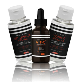 Kit Skincare Facial Skin.A Day – Sérum Clareador Vitamina C 10% Nanoencapsulada, Ácido Hialurônico e Rosa Mosqueta + Gel de Limpeza + Tônico – Luminosidade, Firmeza, Hidratação e Tom Uniforme