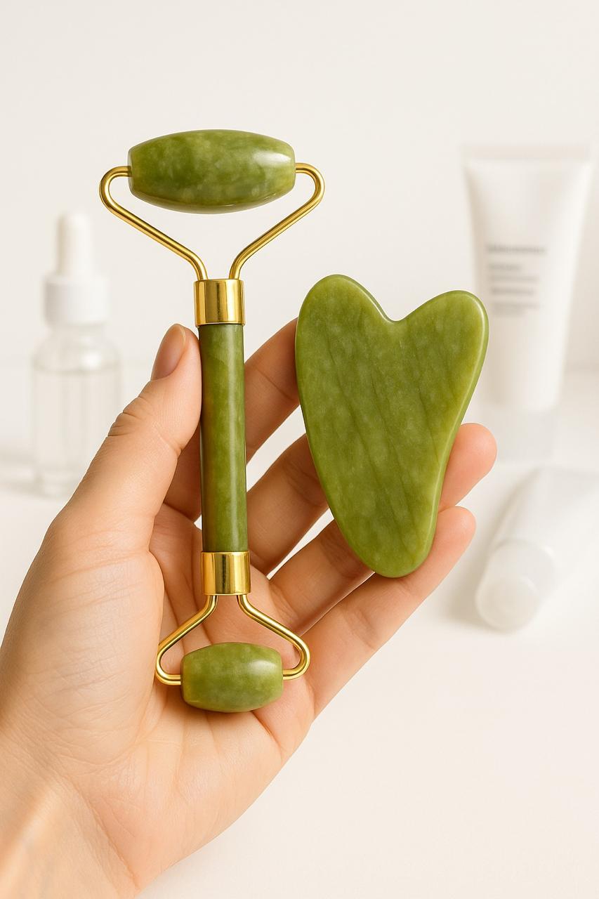 Kit Massageador Facial Jade Roller + Gua Sha – Pedra Natural para Anti-Rugas e Lifting
